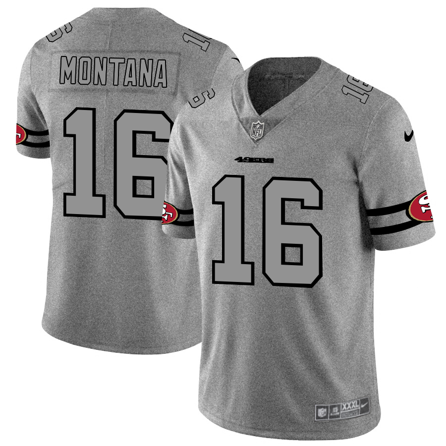 Men's San Francisco 49ers #16 Joe Montana 2019 Gray Gridiron Team Logo Limited Stitched NFL Jersey